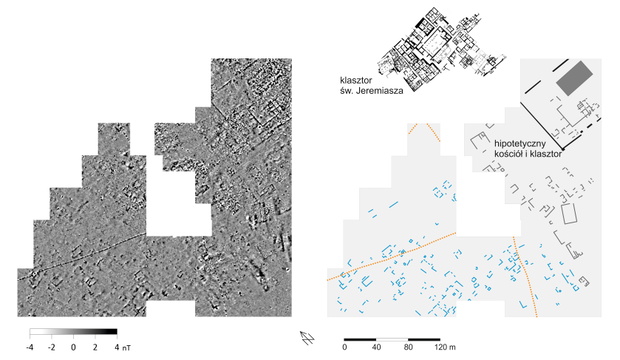 Po lewej mapa magnetyczna, po prawej rekonstrukcja. Na niebiesko widoczne groby z Nowego Panstwa, na szaro i czarno – rekonstrukcja muru nowo odkrytego klasztoru.