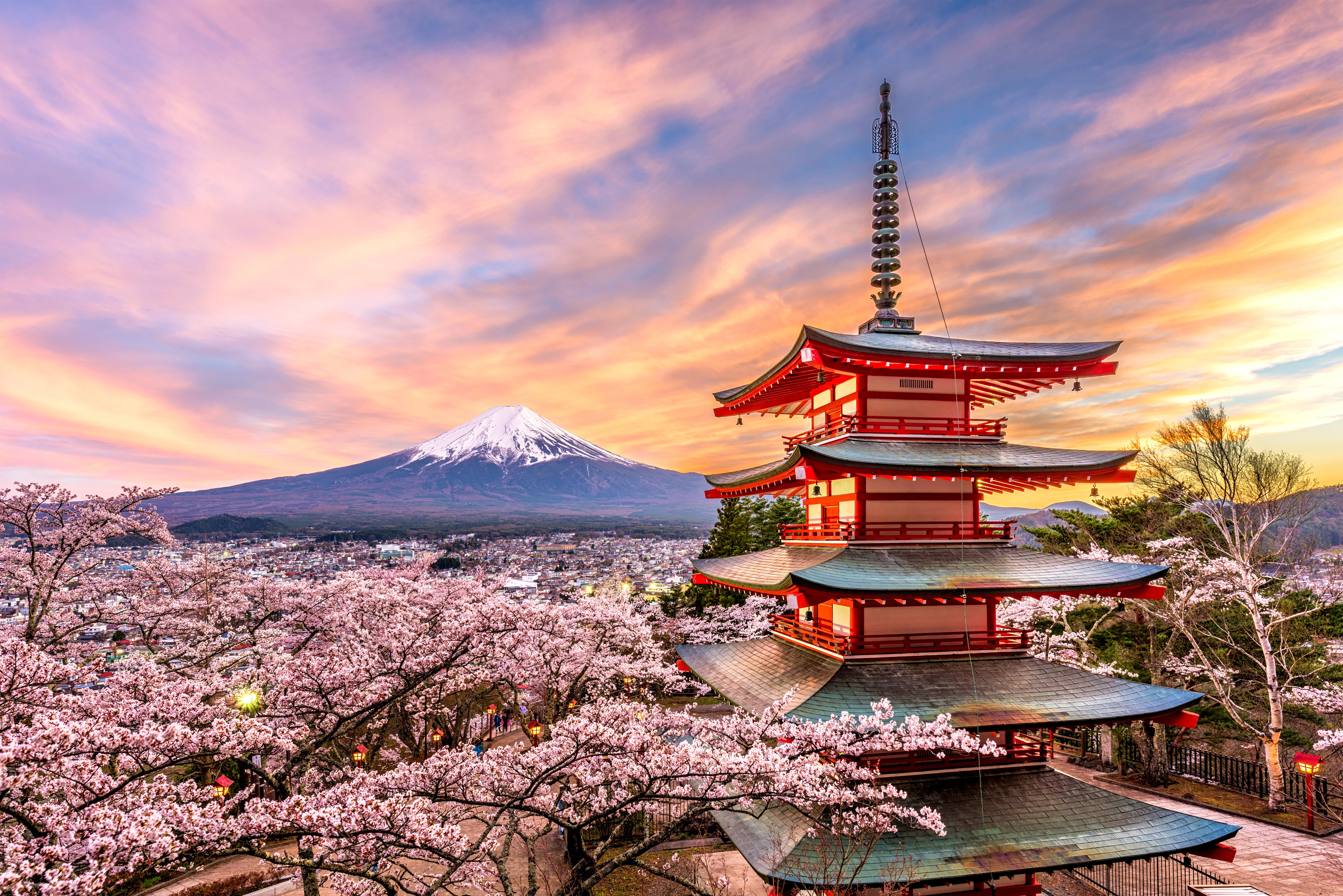 pagoda Chureito i góra Fuji wiosną z widokiem na kwitnące wiśnie