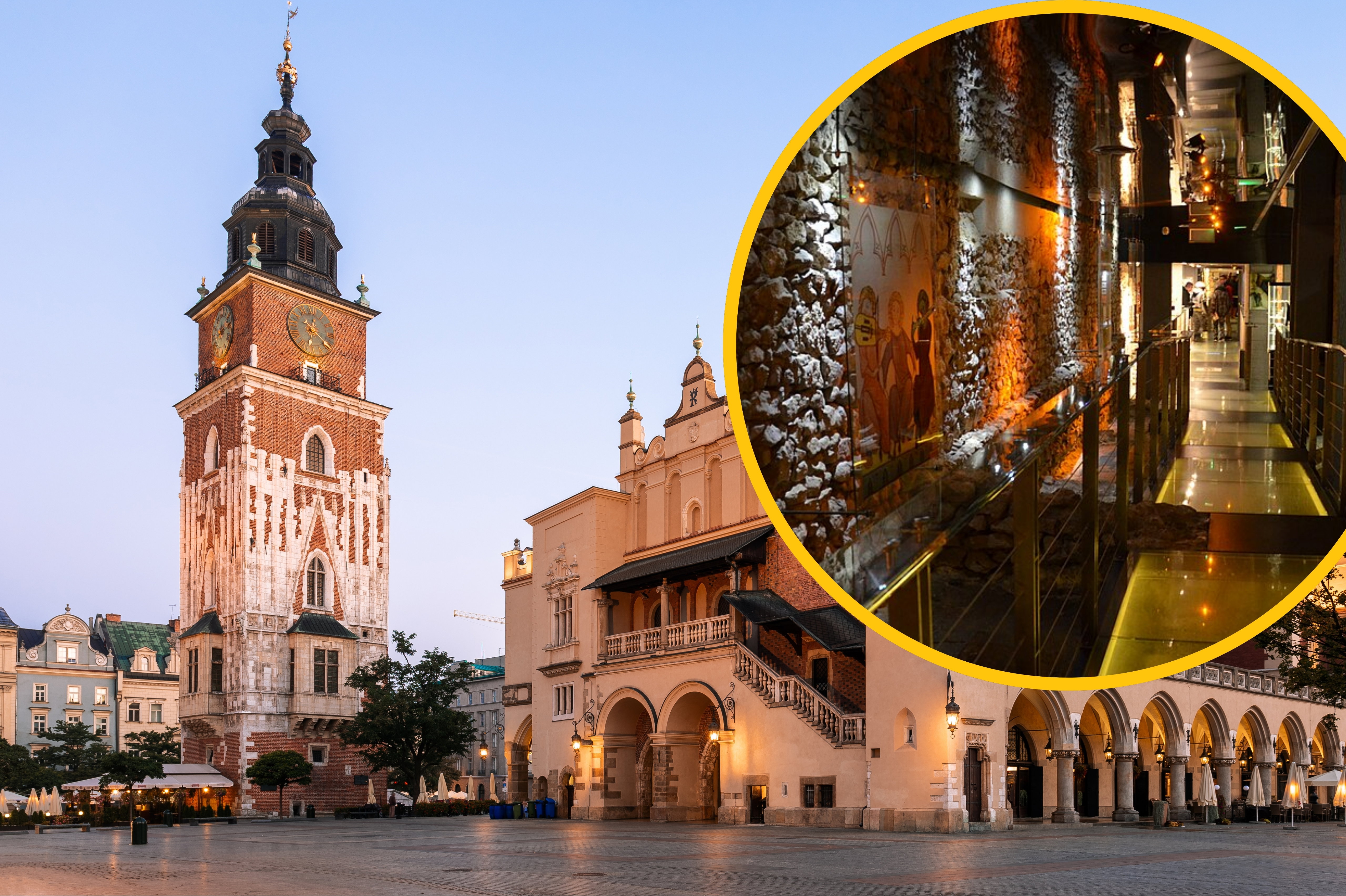 Rynek Główny w Krakowie i ujęcie z Podziemi Rynku Głównego w Krakowie
