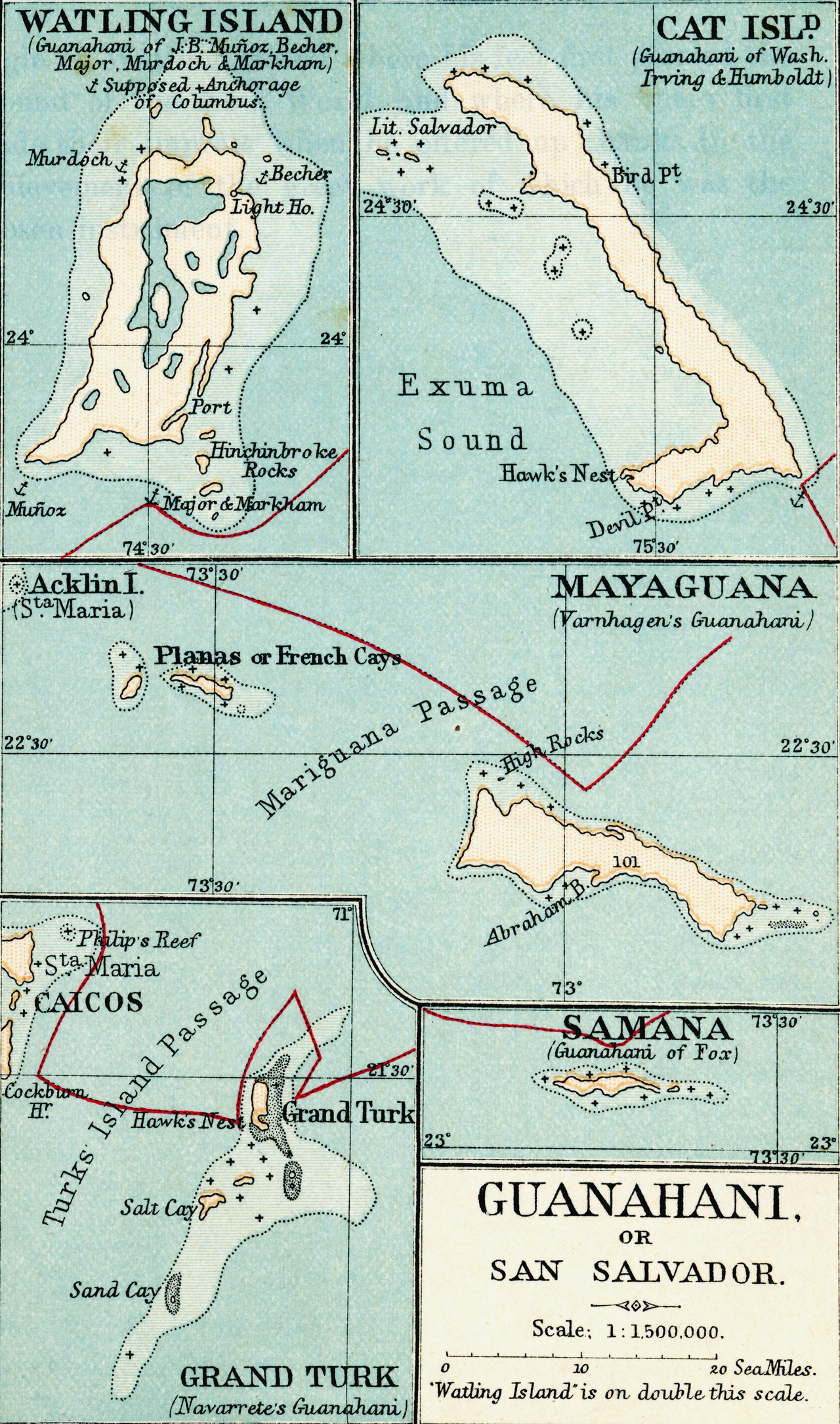 Mapa Guanahani, utożsamianej z San Salvador