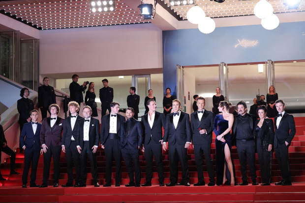 Cannes, France. 18th May, 2024. Austen Wilmot, Robert Connolly, a guest, Justin Rosniak, Alexander Bertrand, Nicolas Cage, Julian McMahon, Leonora Darby, Lorcan Finnegan, Brunella Cocchiglia and Thomas Martin attend the "The Surfer" Red Carpet at the 77th