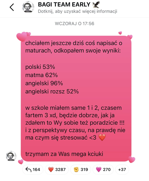 Bagi ujawnił wyniki swojej matury