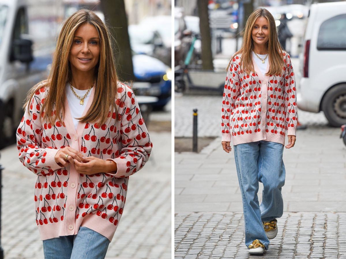 Małgorzata Rozenek w kardiganie w czereśnie wychodzi ze studia "Dzień Dobry TVN"