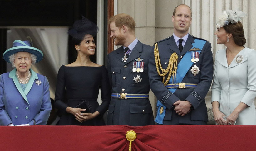 królowa Elżbieta II, książę William, książę Harry, Meghan Markle, księżna Kate