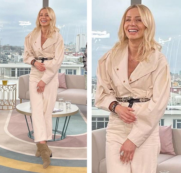 Agnieszka Woźniak-Starak w beżowym komplecie Isabel Marant w studiu Dzień Dobry TVN