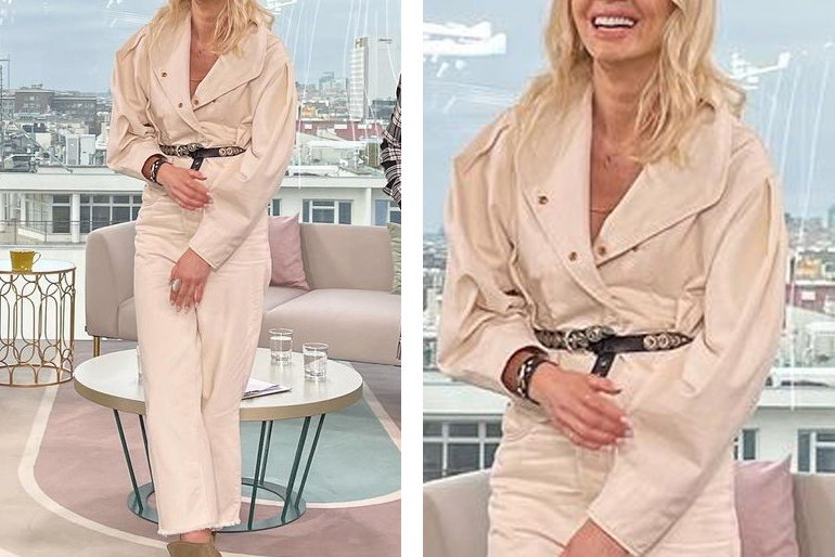 Agnieszka Woźniak-Starak w beżowym komplecie Isabel Marant w studiu Dzień Dobry TVN