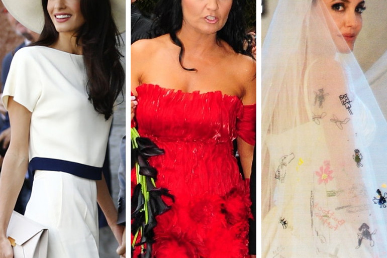 Nietypowe suknie ślubne gwiazd - Amal Clooney, Iwona Pavlovic, Angelina Jolie