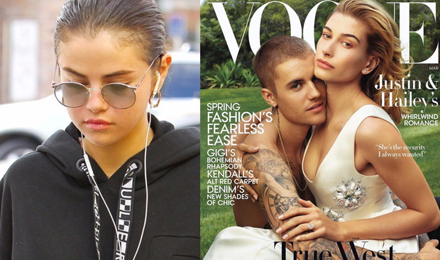 Smutna Selena Gomez, Hailey Baldwin i Justin Bieber na okładce Vogue