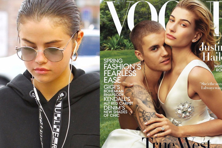 Smutna Selena Gomez, Hailey Baldwin i Justin Bieber na okładce Vogue