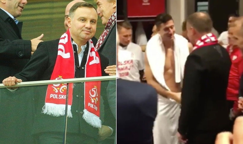 Andrzej Duda w szatni po meczu z Czarnogórą. Robert Lewandowski przyjął gratulacje w ręczniku