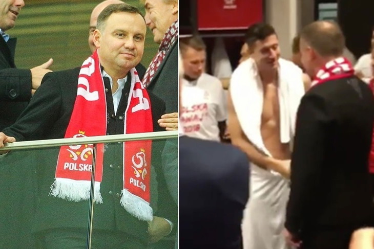 Andrzej Duda w szatni po meczu z Czarnogórą. Robert Lewandowski przyjął gratulacje w ręczniku