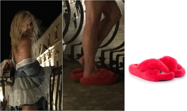 Czerwone klapki z futrem Moniki Olejnik