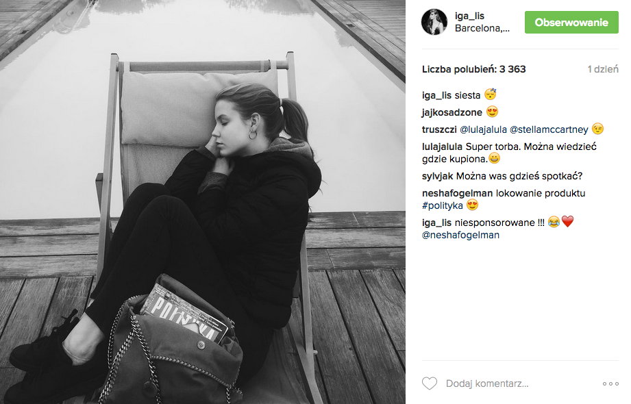 Iga Lis z torebką Stella McCartney Falabella