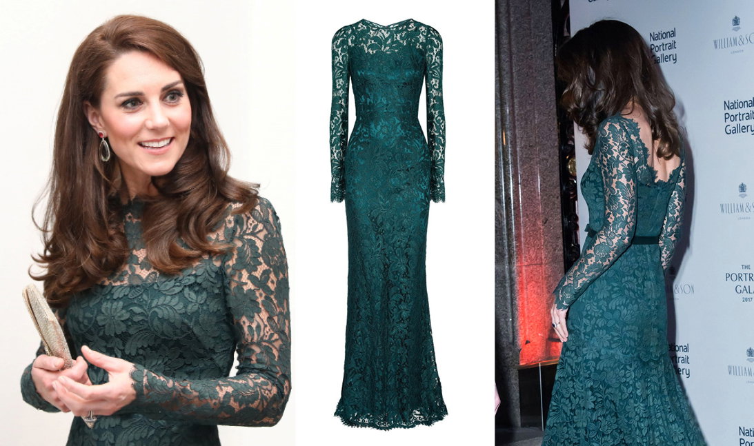 Księżna Kate w długiej, zielonej, koronkowej sukni Temperley London