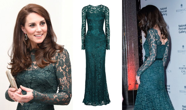 Księżna Kate w długiej, zielonej, koronkowej sukni Temperley London