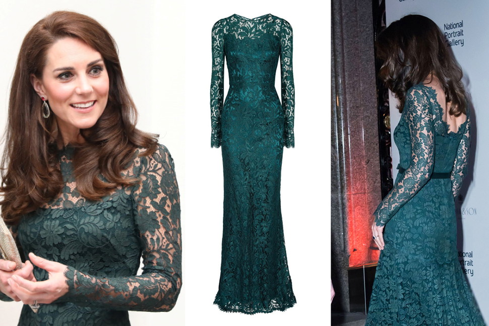 Księżna Kate w długiej, zielonej, koronkowej sukni Temperley London