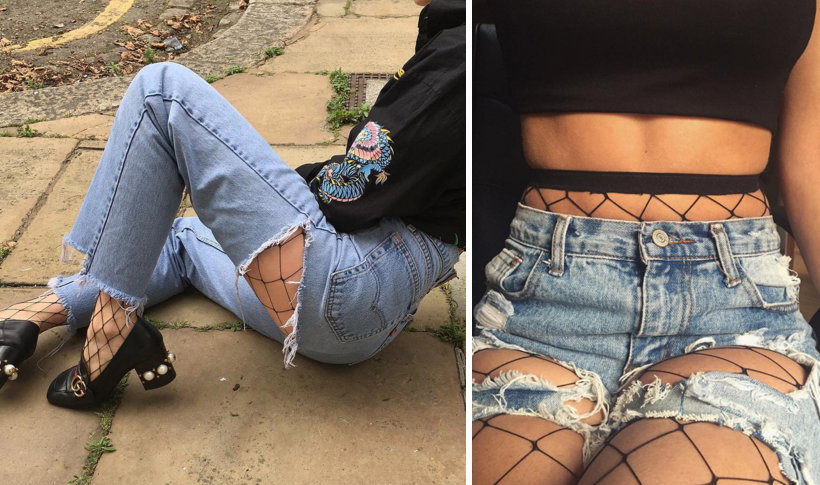 Kabaretki pod dżinsami - trend z lat 90. powraca w 2017. Kim Kardashian, Jessica Mercedes, Maffashion, Kylie Jenner