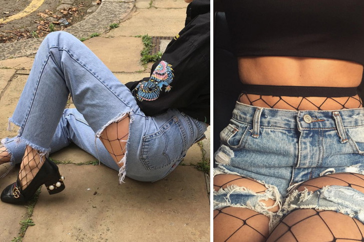 Kabaretki pod dżinsami - trend z lat 90. powraca w 2017. Kim Kardashian, Jessica Mercedes, Maffashion, Kylie Jenner