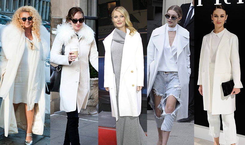 Trend: białe płaszcze - Magda Gessler, Dakota Johnson, Gwyneth Paltrow, Gigi Hadid, Olga Kurylenko