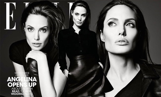 Angelina Jolie w amerykańskim Elle czerwiec 2014. czarno-biała Angelina Jolie Elle