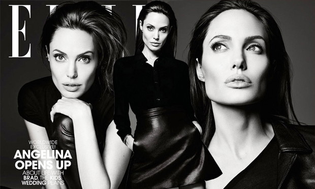 Angelina Jolie w amerykańskim Elle czerwiec 2014. czarno-biała Angelina Jolie Elle