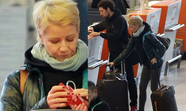 Małgorzata Kożuchowska i Bartek Wróblewski na lotnisku w Warszawie