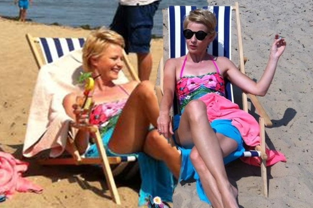 Małgorzata Kożuchowska w stroju kąpielowym na plaży w Gdyni