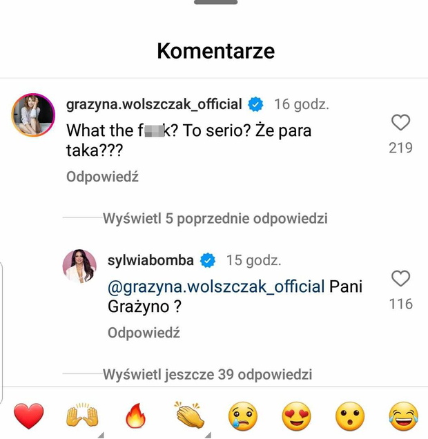 Komentarz Grażyny Wolszczak pod zdjęciem Sylwii Bomby i Grzegorza Collinsa