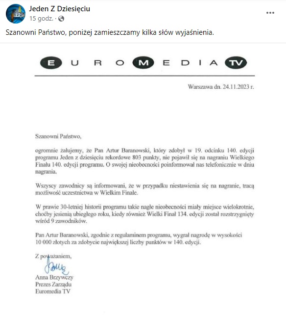 Oświadczenie "Jeden z dziesięciu"