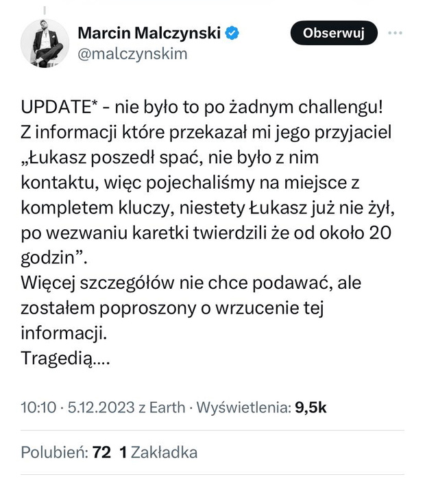 Marcin Malczyński o przyczynach śmierci Łukasza Demona Motyki