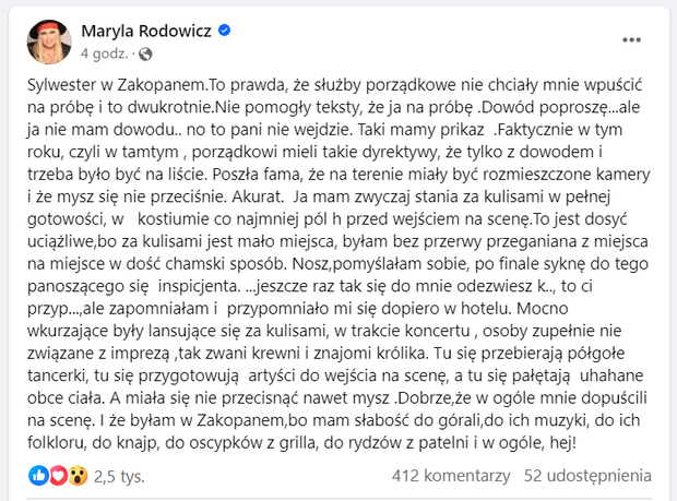 Maryla Rodowicz wpis na Facebooku