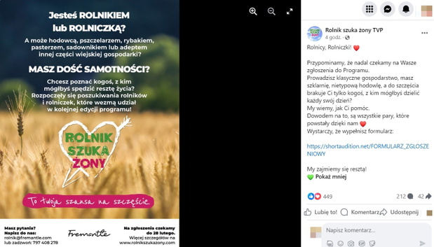Komunikat produkcji Rolnik szuka żony