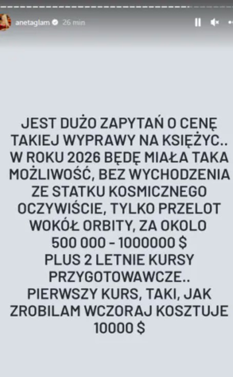 Aneta Glam chce lecieć w podróż dookoła Księżyca