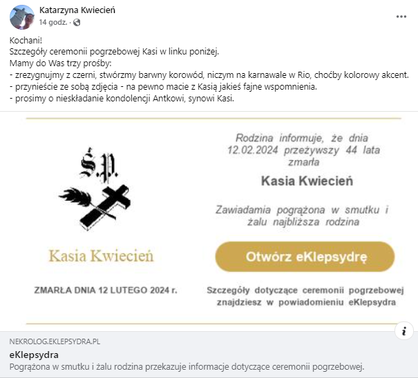 Nie żyje Katarzyna Kwiecień. Znamy szczegóły pogrzebu