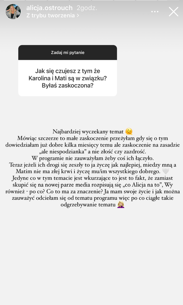 oświadczenie Alicji z LOve Island