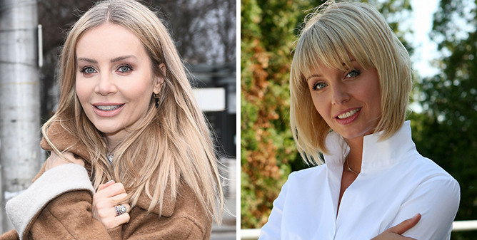 AAgnieszka Woźniak-Starak w beżowej kurtce z kożuchem. Agnieszka Woźniak-Starak w grzywce