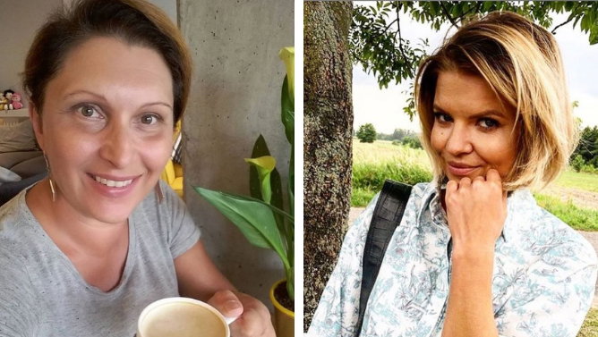 Małgorzata Płaza z kubkiem kawy, Marta Manowska w jasnej koszulki