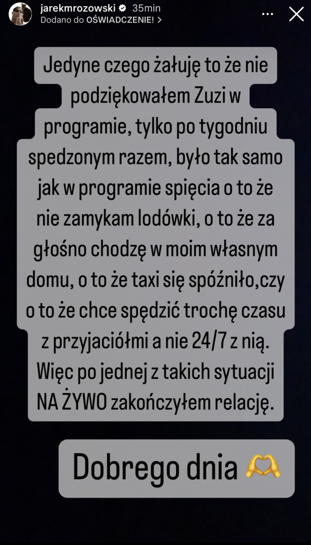 oświadczenie Jarka z Love Island
