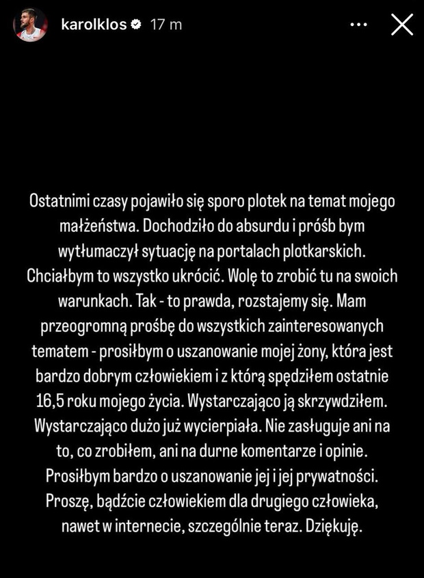 Karol Kłos rozstaje się z żoną
