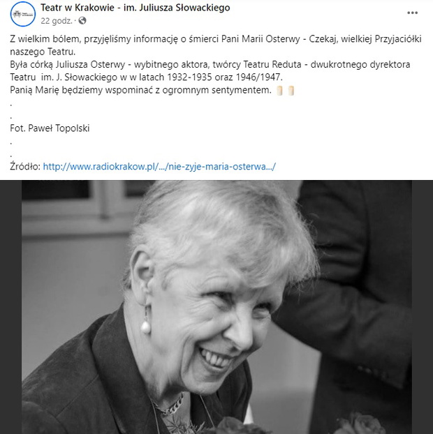 Nie żyje Maria Osterwa-Czekaj