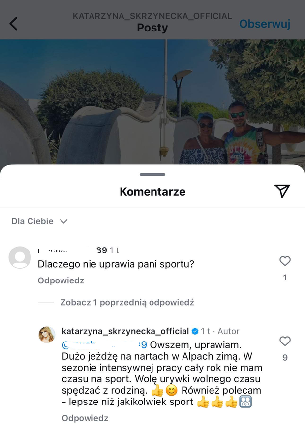 Kasia Skrzynecka odpowiada na komentarz internautki