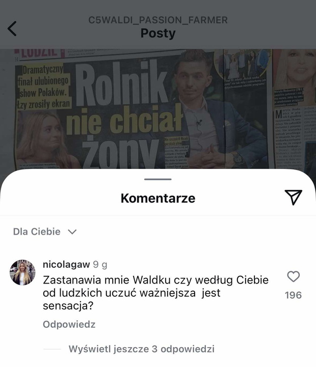 Nicola z Rolnik szuka żony reaguje na wpis Waldemara z 10. edycji