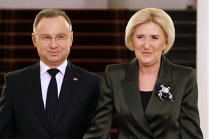 Agata Duda i Andrzej Duda na świątecznym spotkaniu z harcerzami