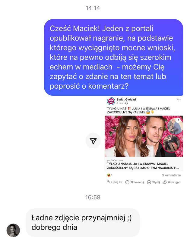 Maciej Zakościelny odpowiedział na pytanie o relację z Julią Wieniawą