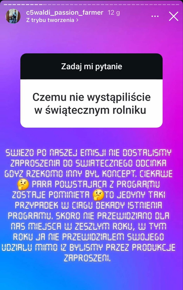 Waldemar o nieobecności w świątecznym odcinku Rolnik szuka żony