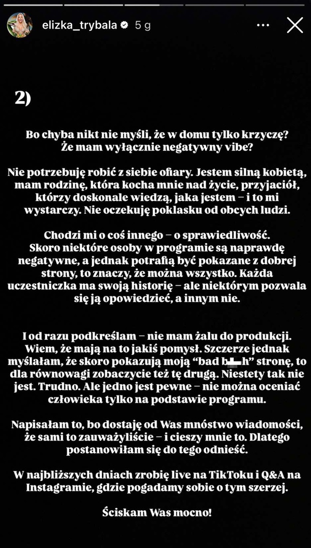 Oświadczenie Elizy Trybały ws. Królowej Przetrwania