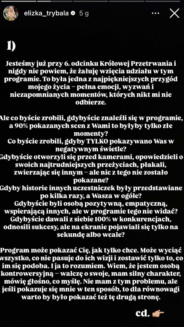 Oświadczenie Elizy Trybały ws. Królowej Przetrwania