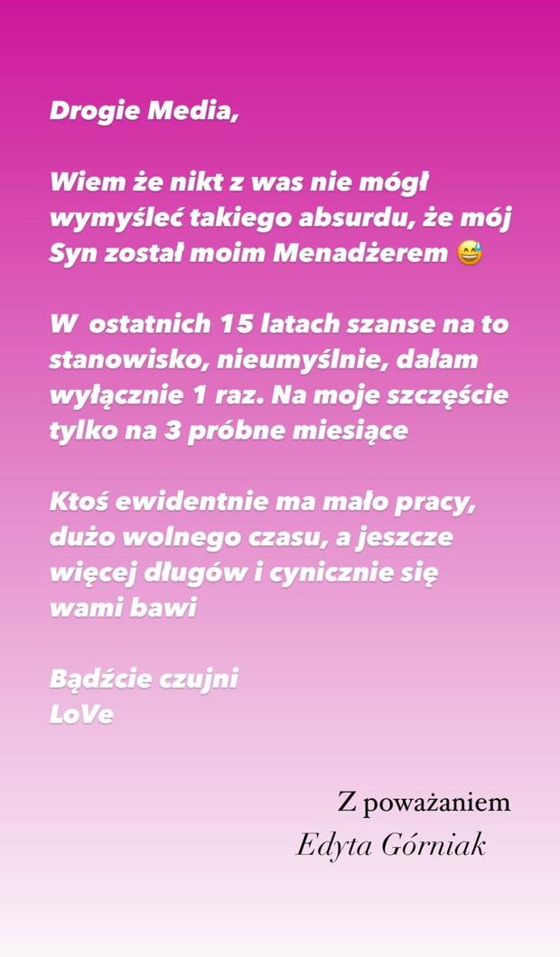 Edyta Górniak dementuje plotki o synu