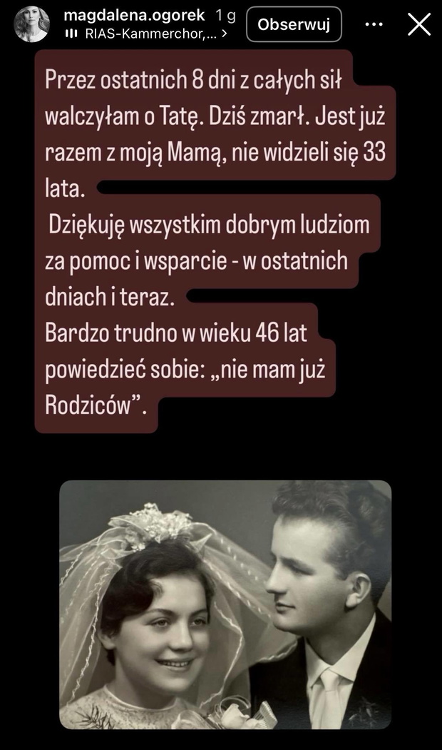 Nie żyje tata Magdaleny Ogórek