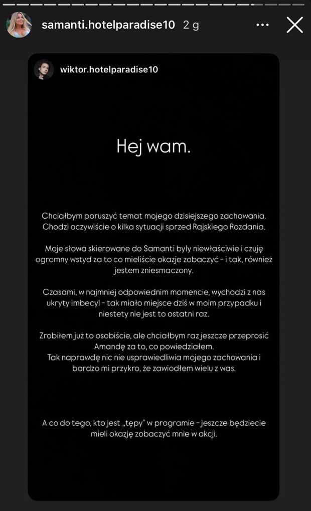 Wiktor z Hotel Paradise żałuje swojego zachowania wobec Samanti